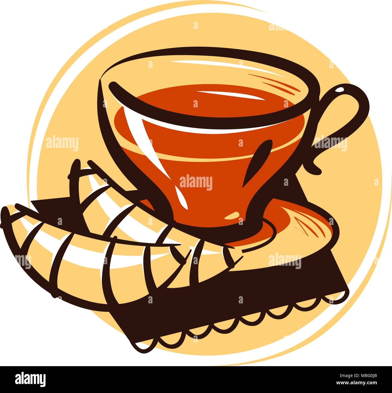 Eine Tasse Tee und Croissant. Tee-Party-Getränk, Dessert-Logo oder -Etikett. Illustration des Zeichentrickvektors Stock Vektor