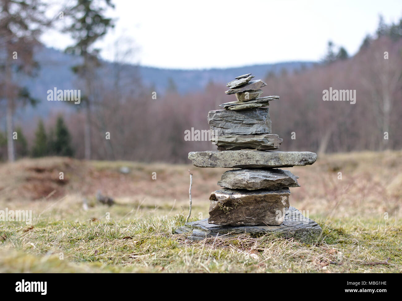 Cairn Kennzeichnung ein Wanderweg in einer Lichtung im Wald Stockfoto