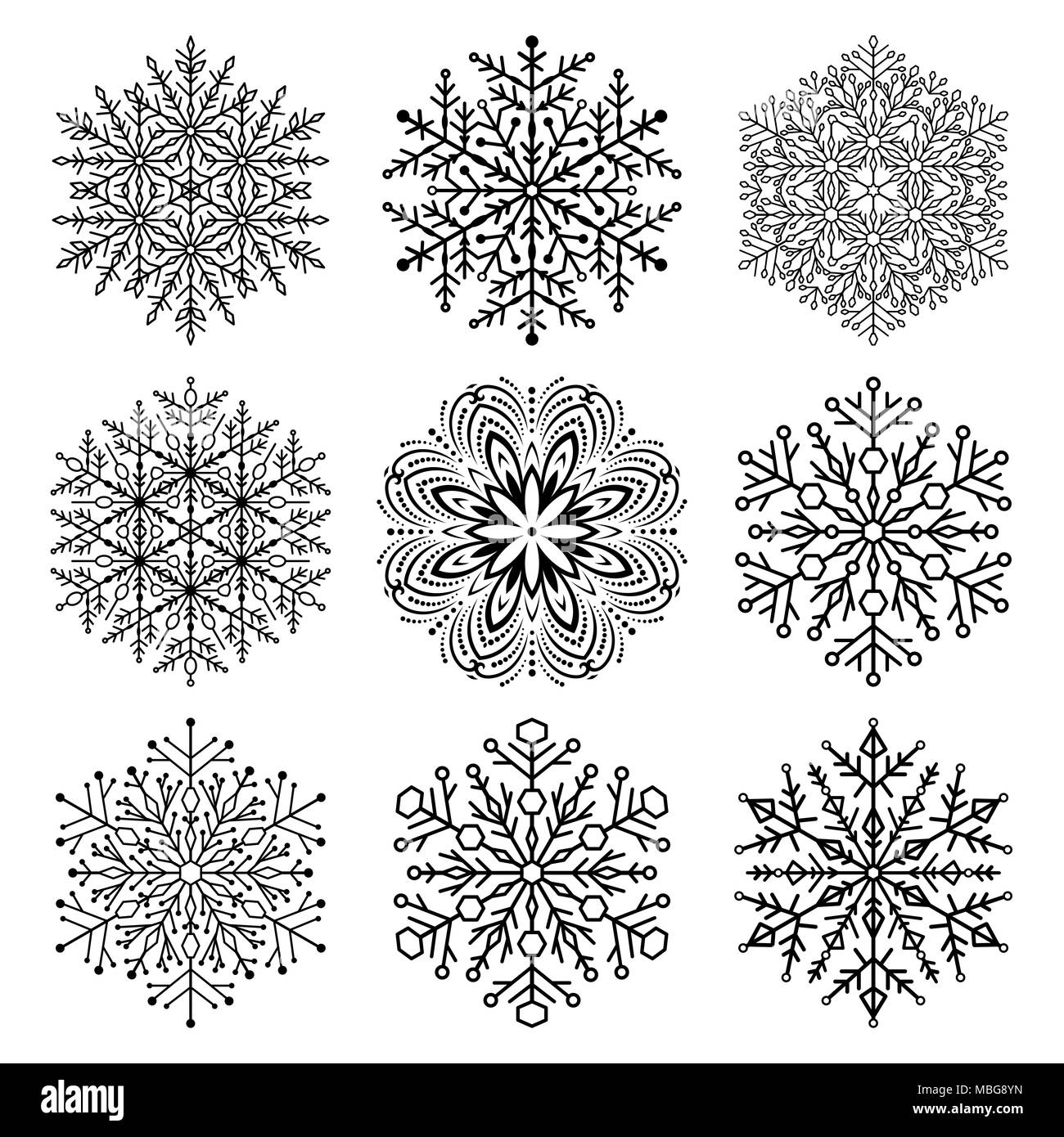 Satz von Schneeflocken. Feine winter Ornament. Schneeflocken Sammlung. Schneeflocken für Hintergründe und Designs Stockfoto