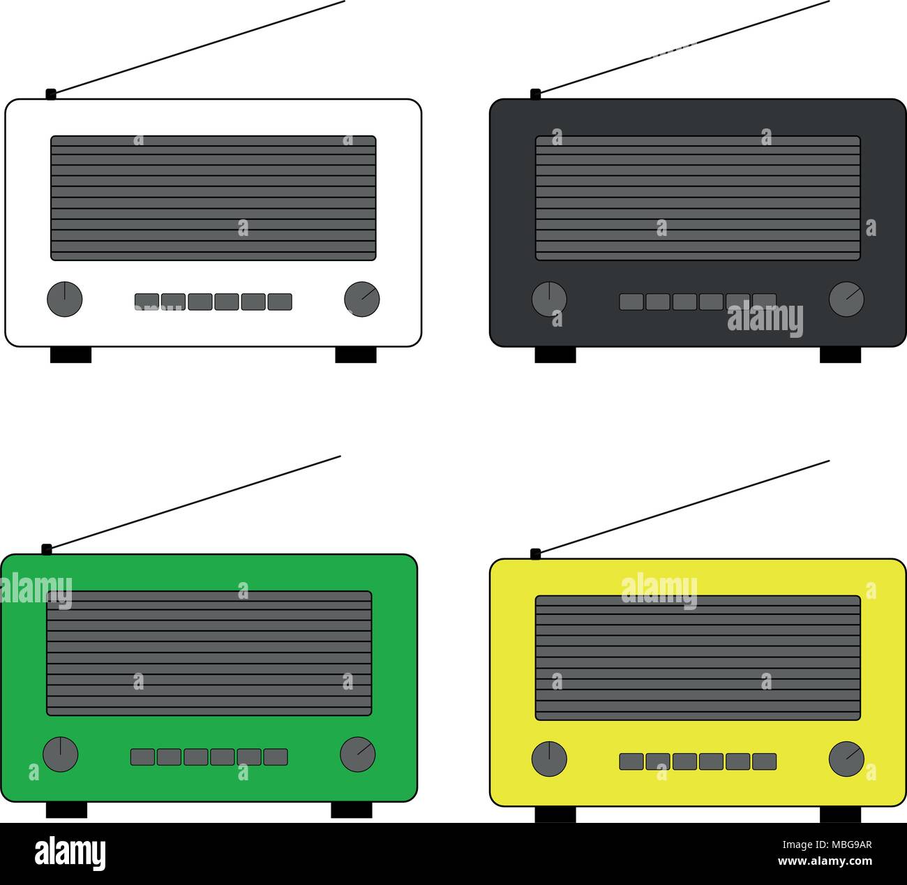 Satz von vier alten und retro style Radio. Flat Style vektor Zeichnung. Symbol "Radio und Symbol. Stock Vektor