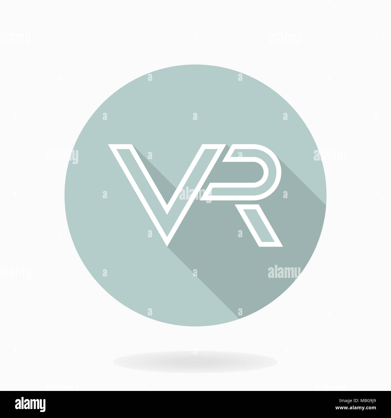 Weißes Symbol mit VR-Logo im blauen Kreis. Flache Bauform mit langen Schatten. Virtuelle Realität logo Stockfoto