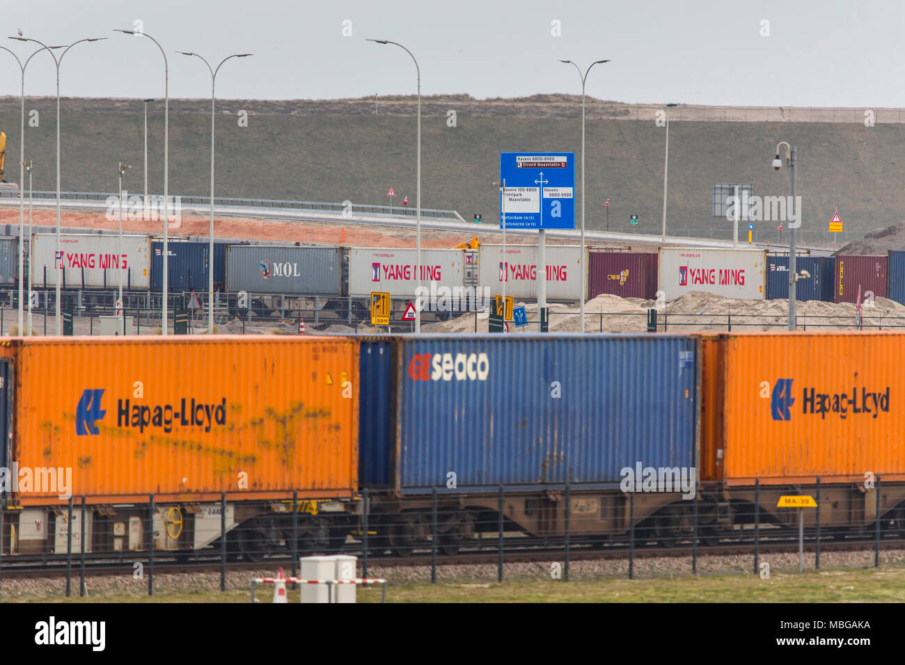 Der Hafen von Rotterdam, Niederlande, Deep Sea Port Maasvlakte 2, auf einer künstlich geschaffenen Land Bereich vor der Küste, Güterzug Tran Stockfoto