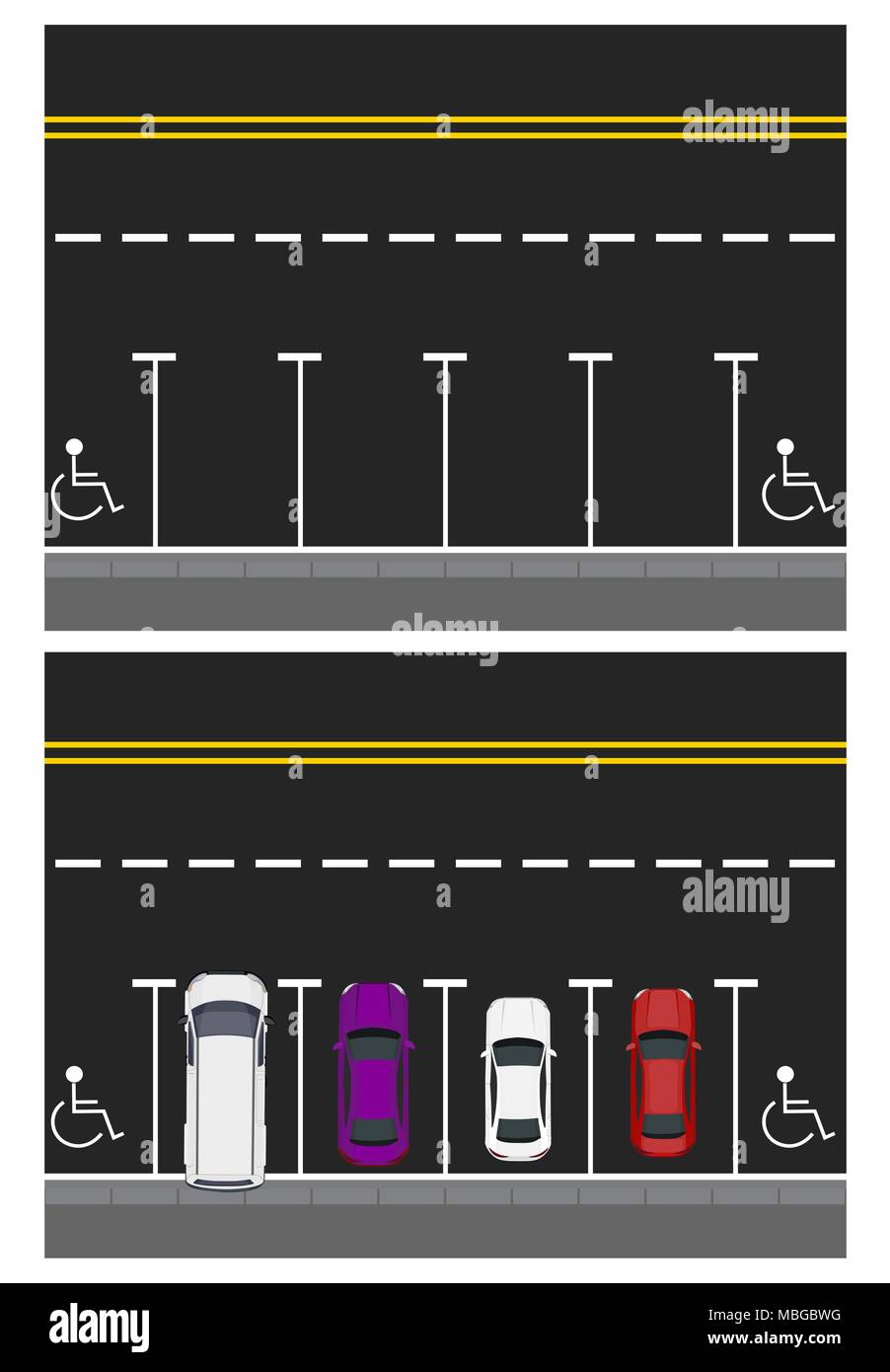 Zwei Bilder. Farbige geparkten Autos, Straße, Ansicht von oben. freie Plätze, Orte, die für Menschen mit Behinderung. Abbildung Stock Vektor