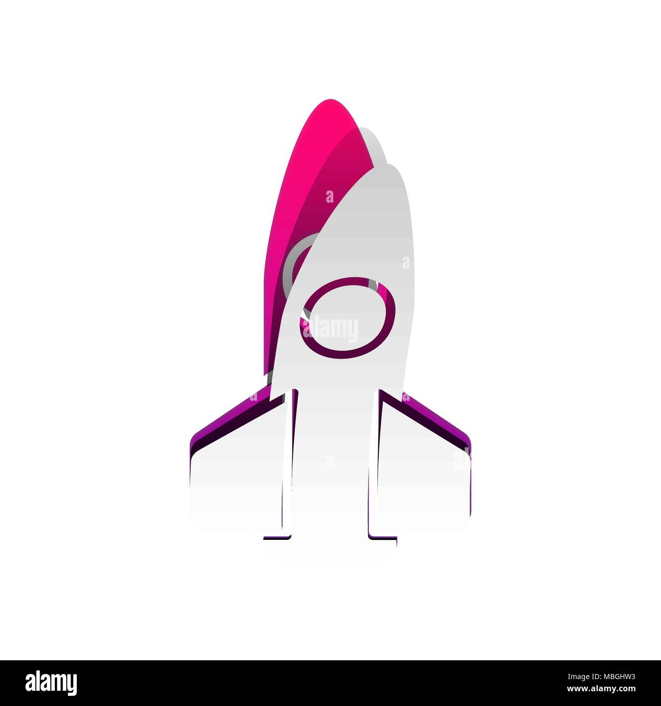 Retro Rocket zeichen Abbildung. Vektor. Abnehmbare Papier mit Schatten in zugrunde liegenden Layer mit magenta-violetten Hintergrund. Stock Vektor