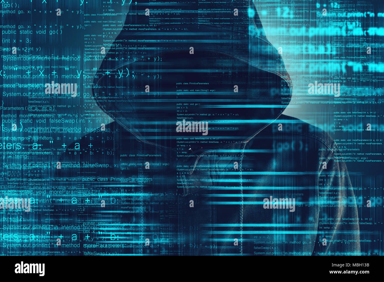Cybersecurity, computer Hacker mit Kapuze und verdunkelt Gesicht, computer Code überlagern Bild Stockfoto
