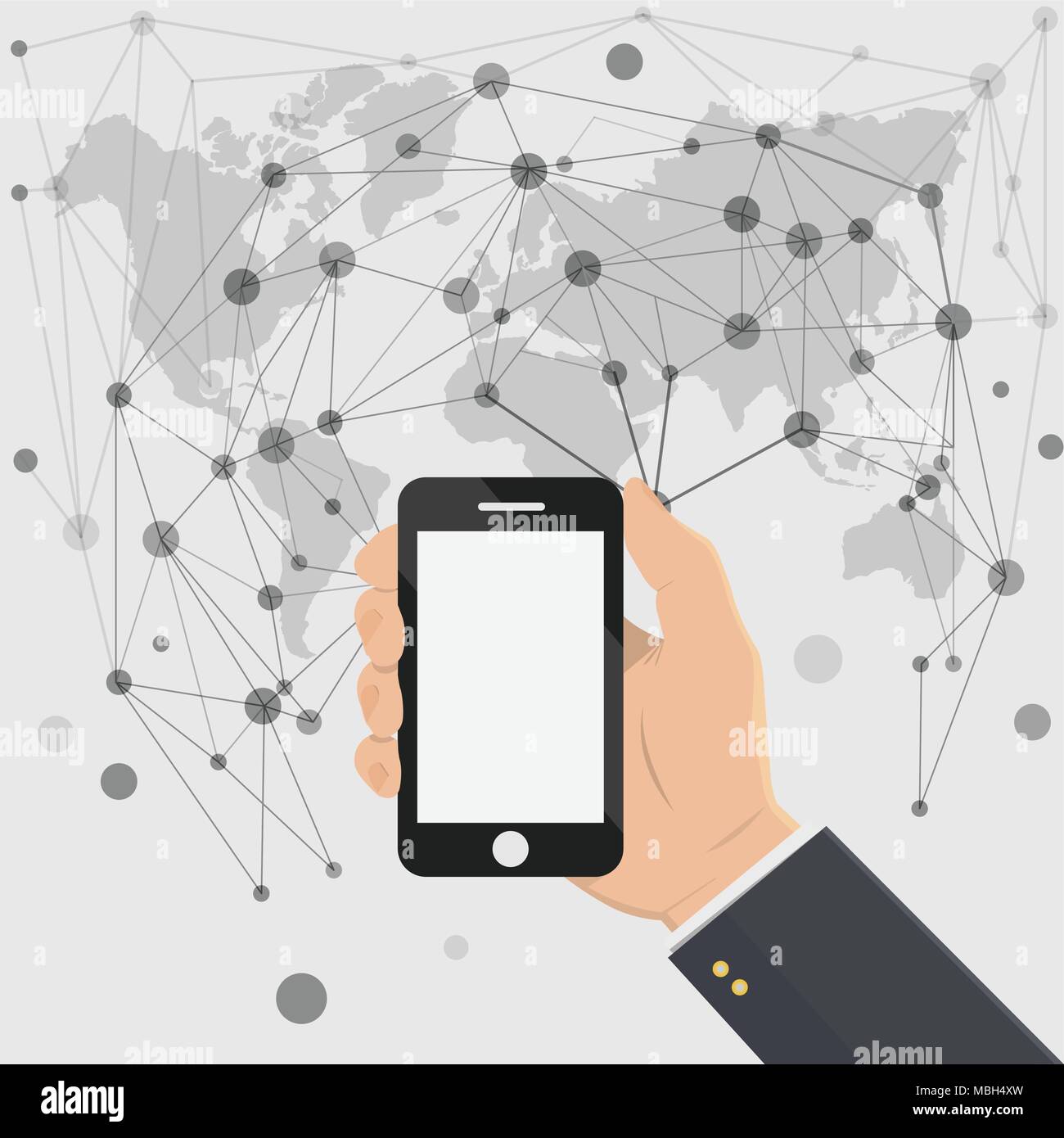 Hand, die smartphones mit leeren Bildschirm auf abstrakte soziale Netzwerk Hintergrund. Vector Illustration Stock Vektor