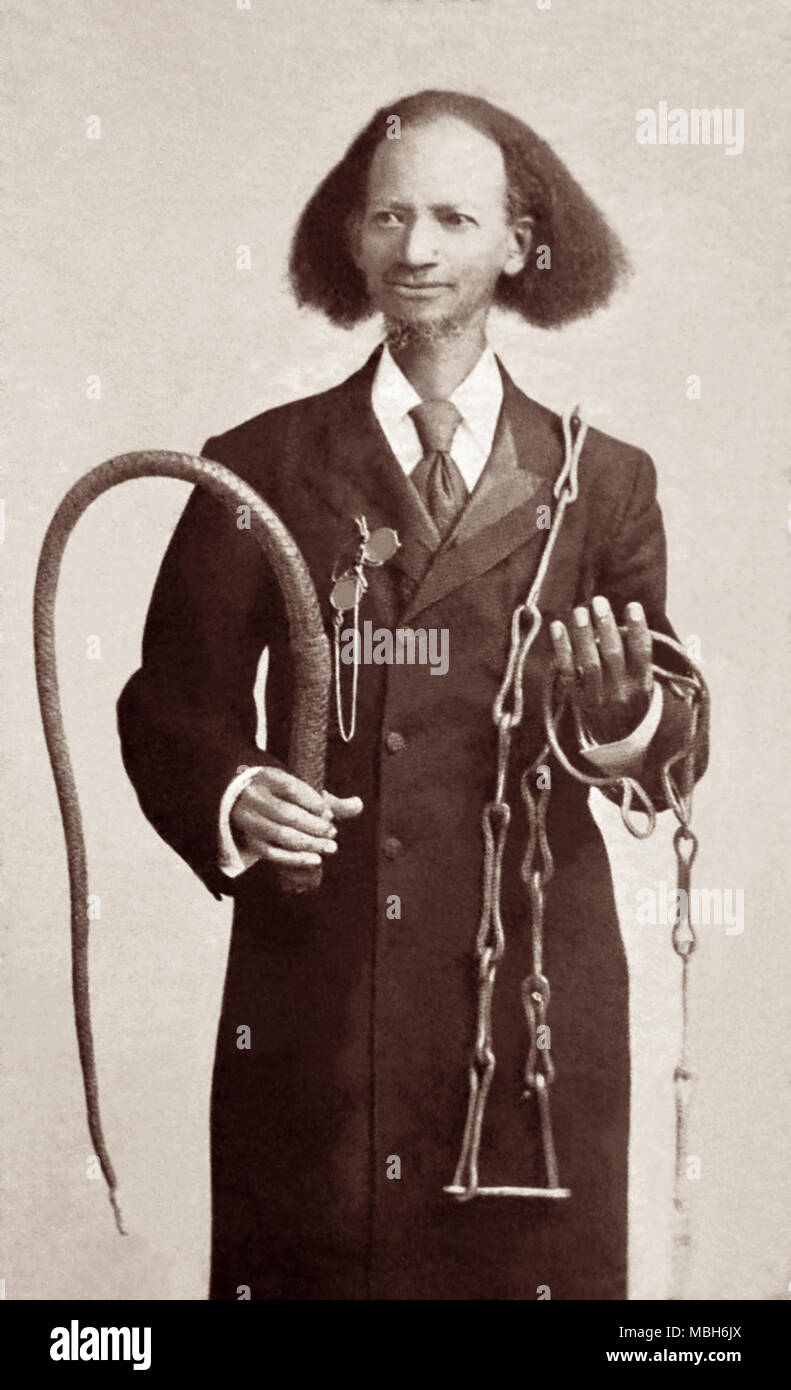 Ex-slave Thomas Lewis Johnson (1836-1921), dargestellt mit einer Peitsche und Slave Ketten, war ein christlicher Missionar in Afrika im Jahre 1878, nachdem er seine Freiheit nach dem Amerikanischen Bürgerkrieg. Johnson für eine Weile als Missionar in Colorado und dann im Jahre 1876 mit seiner Frau nach England, wo er ein Schüler und Freund von weltbekannten Baptist Minister Charles H. Spurgeon. Johnson schrieb über seine Zeit als Slave und als Missionar in seine autobiographische Arbeit, achtundzwanzig Jahre ein Sklave. Stockfoto