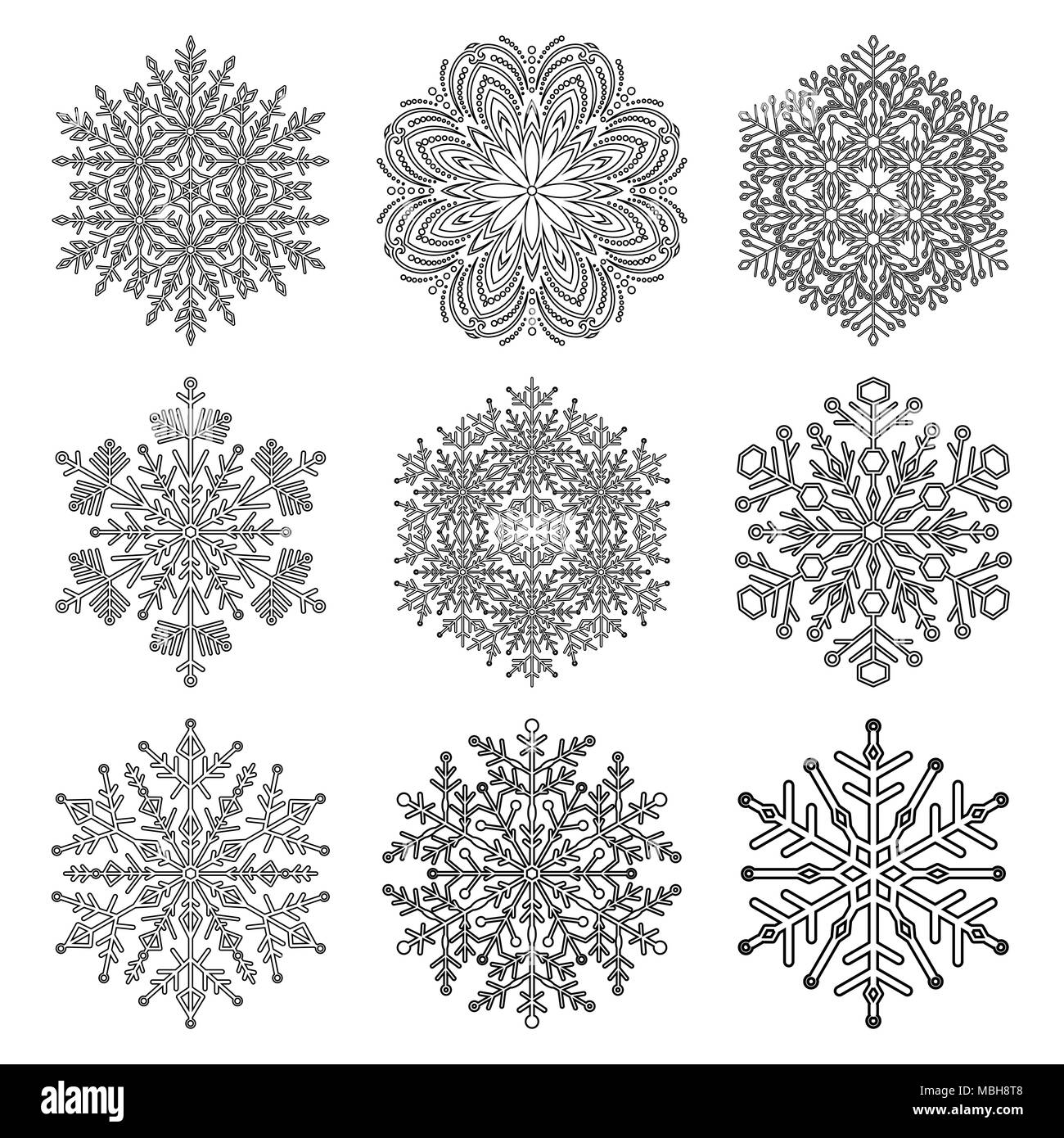 Der Vektor Schneeflocken. Schwarz und weiß winter Ornamente. Schneeflocken Sammlung. Schneeflocken für Hintergründe und Designs Stock Vektor