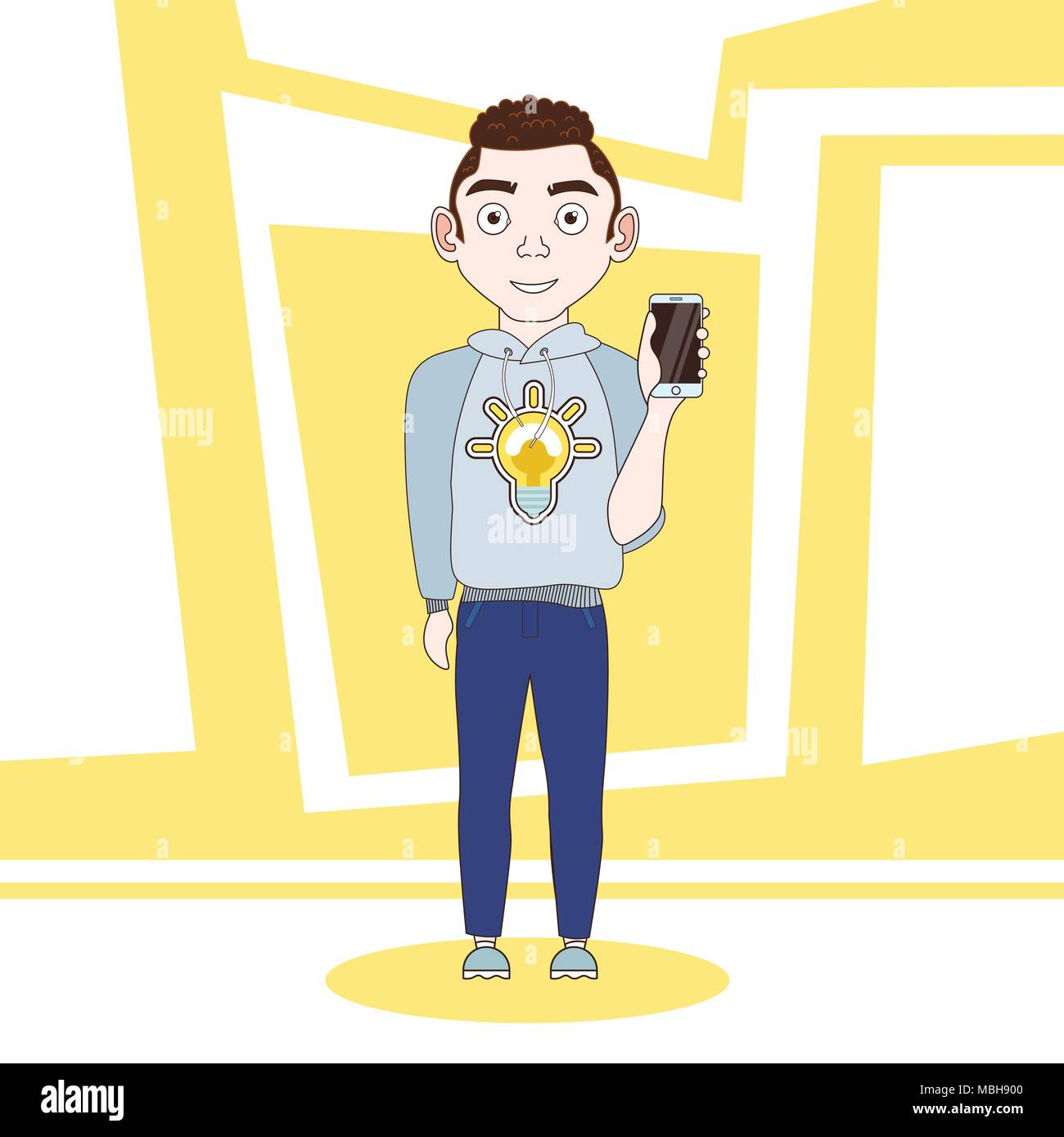 Junger Mann in Freizeitkleidung Holding Cell Smart Phone Cartoon Charakter Stock Vektor