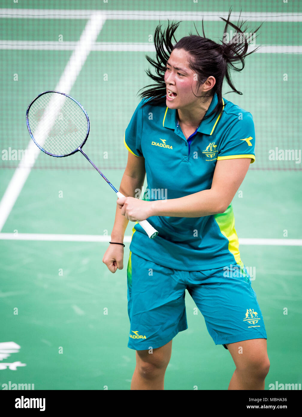 Leanne Choo reagiert, nachdem er ein Spiel während der Frauen verdoppelt Badminton bei den Carrara Sport Arena während Tag sieben der 2018 Commonwealth Games in der Gold Coast, Australien. Stockfoto