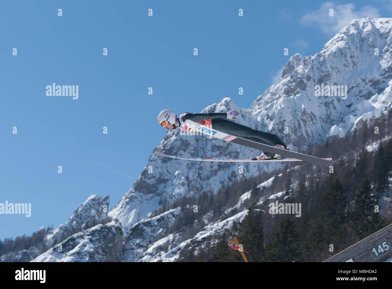 PLANICA, Slowenien - 24. MÄRZ 2018: FIS Weltcup Skispringen Endrunde - NAZAROV Mikhail RUS Stockfoto