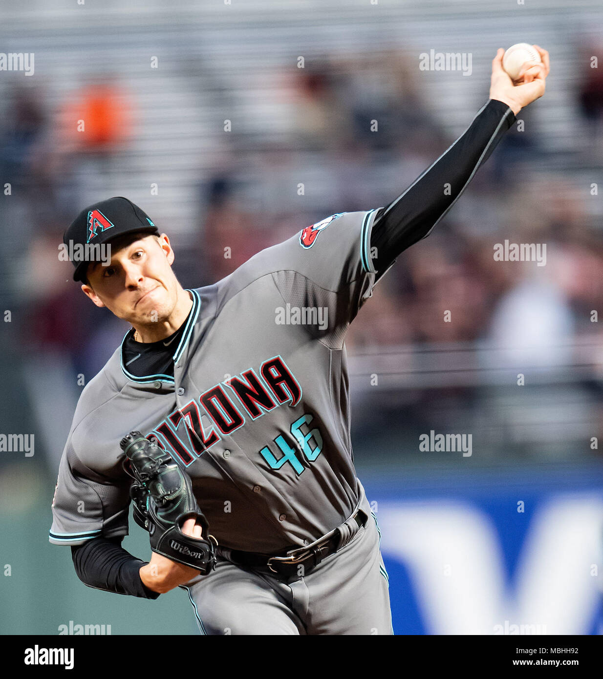 San Francisco, Kalifornien, USA. 10 Apr, 2018. Arizona Diamondbacks Krug Patrick Corbin (46) warf im ersten Inning, während ein MLB-Spiel zwischen den Arizona Diamondbacks und die San Francisco Giants bei AT&T Park in San Francisco, Kalifornien. Valerie Shoaps/CSM/Alamy leben Nachrichten Stockfoto