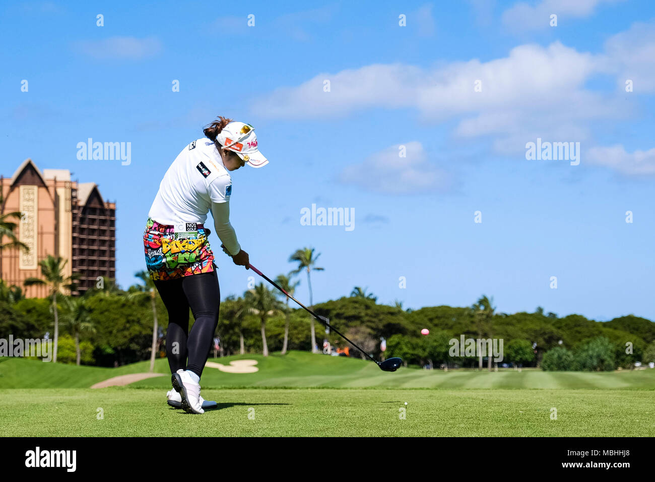 April 10, 2018 - Pornanong Phatlum hits ihren Antrieb auf der 10 Loch während der Pro/am Tag am Lotte Meisterschaft durch Hershey dargestellt an Ko Olina Golf Club in Kapolei, HI Stockfoto