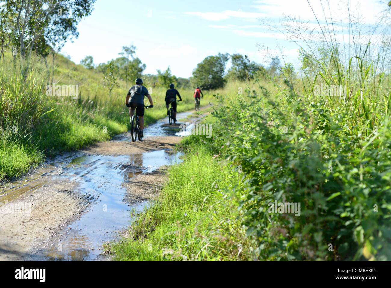 Gruppen von Menschen Mountainbiken auf der Lagune Trail, Townsville Stadt gemeinsame Conservation Park, Pallarenda, QLD, Australien Stockfoto