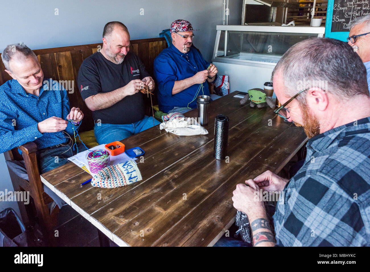 Fünf Männer stricken im East Village Coffee Shop, Vancouver, British Columbia, Kanada. Stockfoto