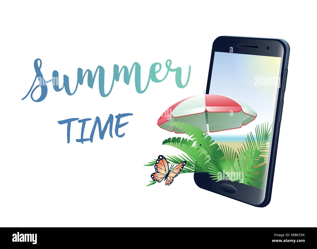Sommer Konzept mit Smartphone, tropische Blätter, Sonnenschirm und Schmetterling auf weißem Hintergrund. Vector Illustration. Stock Vektor