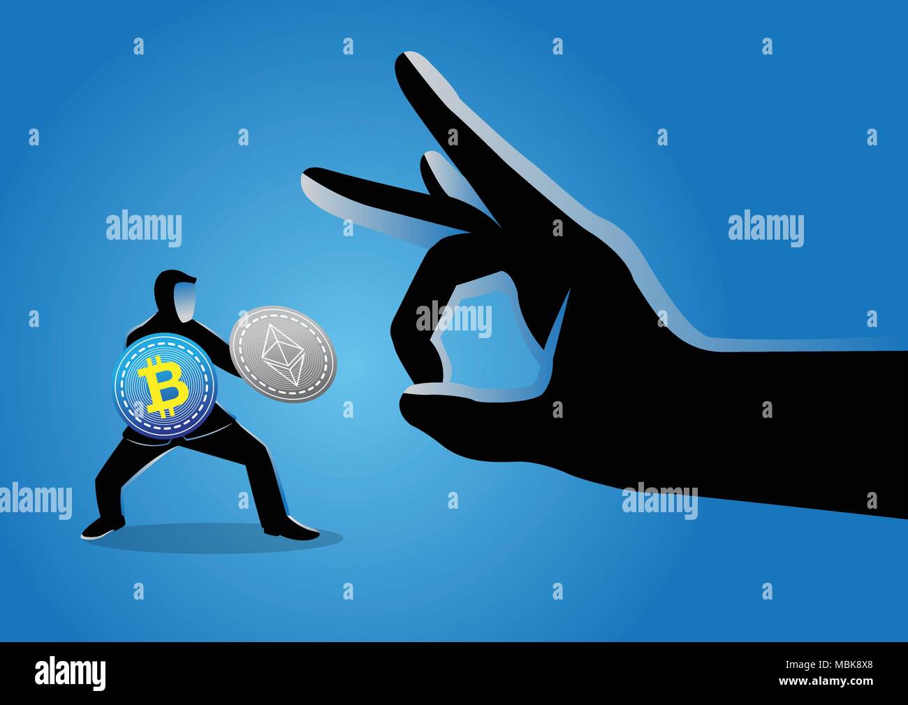 Vector Illustration einer riesigen Hand weg Schlagen eines Kaufmanns bitcoins Holding Stock Vektor