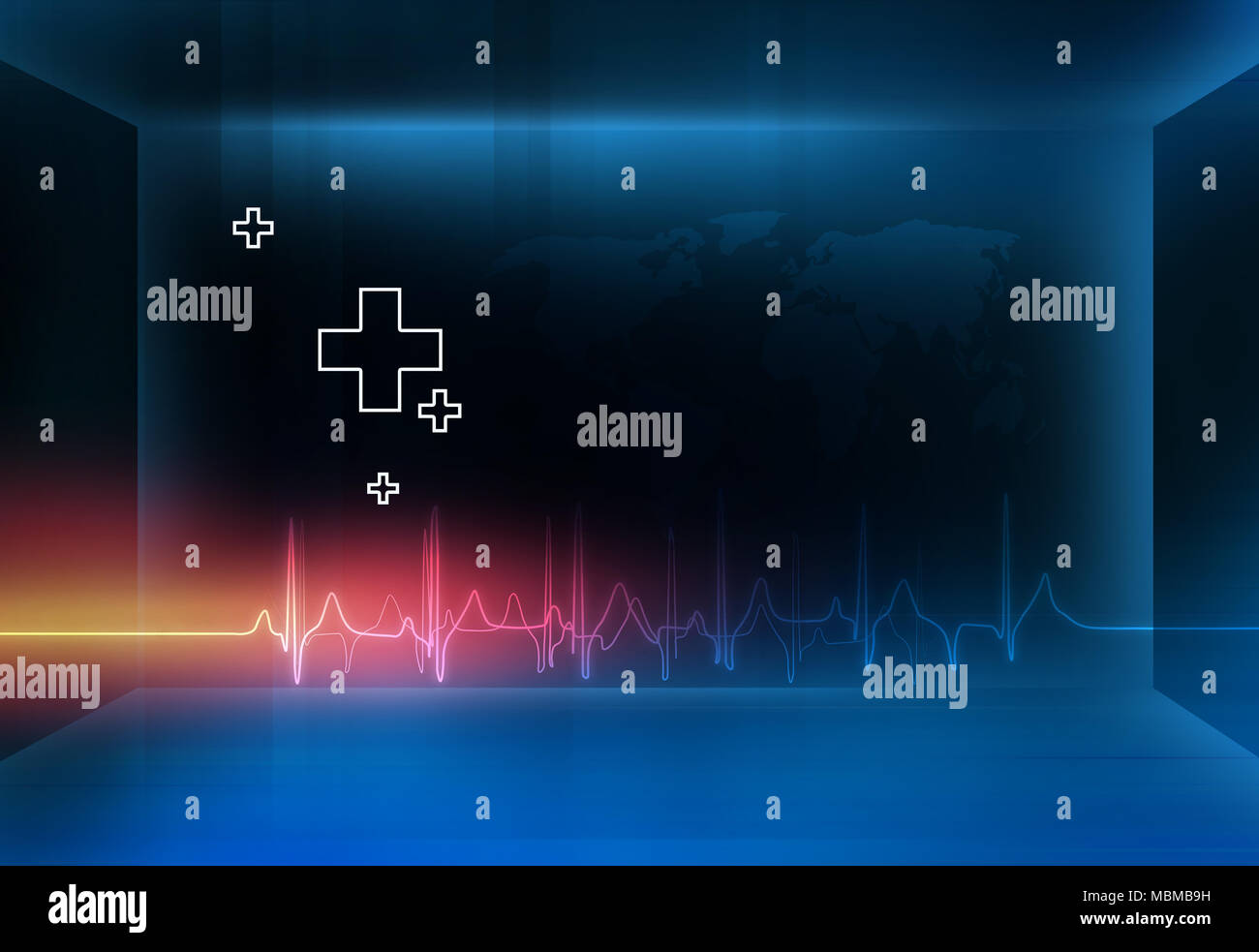 Medizinische abstrakten 3D-Raum Hintergrund mit plus Symbole, Herzschlag und Weltkarte, Gesundheitswesen blaue Design Hintergrund. Stockfoto