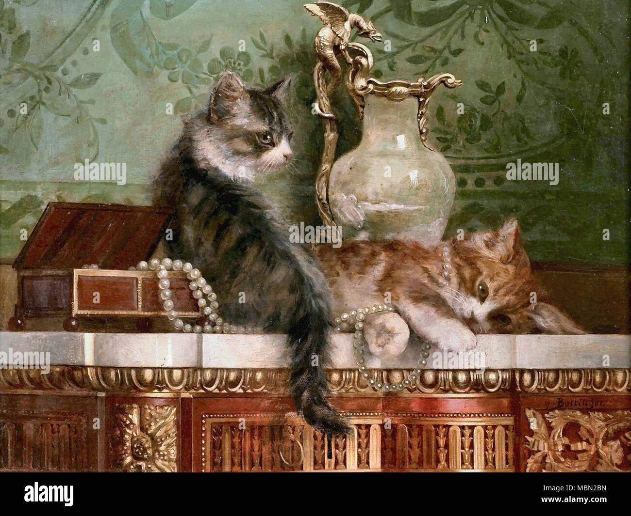 Bettinger Gustave-Deux Chatons jouant avec un Collier De Perles Stockfoto