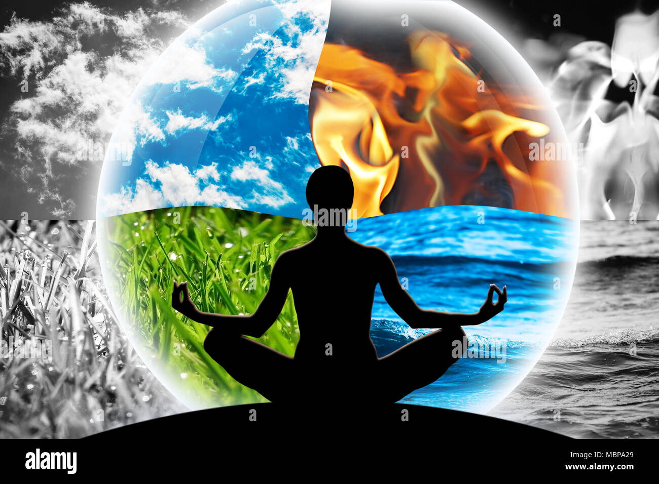 Weibliche yoga Figur in einem transparenten Kugel, bestehend aus vier natürlichen Elemente (Wasser, Feuer, Erde, Luft) auf einem Hintergrund aus schwarzen und weißen Grundschule Stockfoto