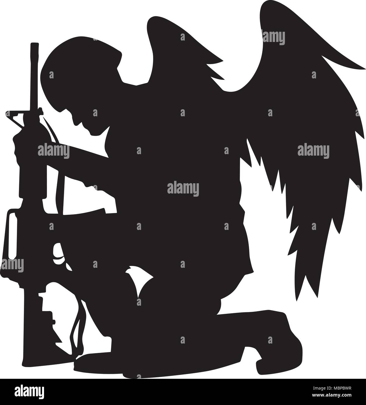 Militär Soldat mit Flügel Engel kniend Silhouette Vector Illustration Stock Vektor