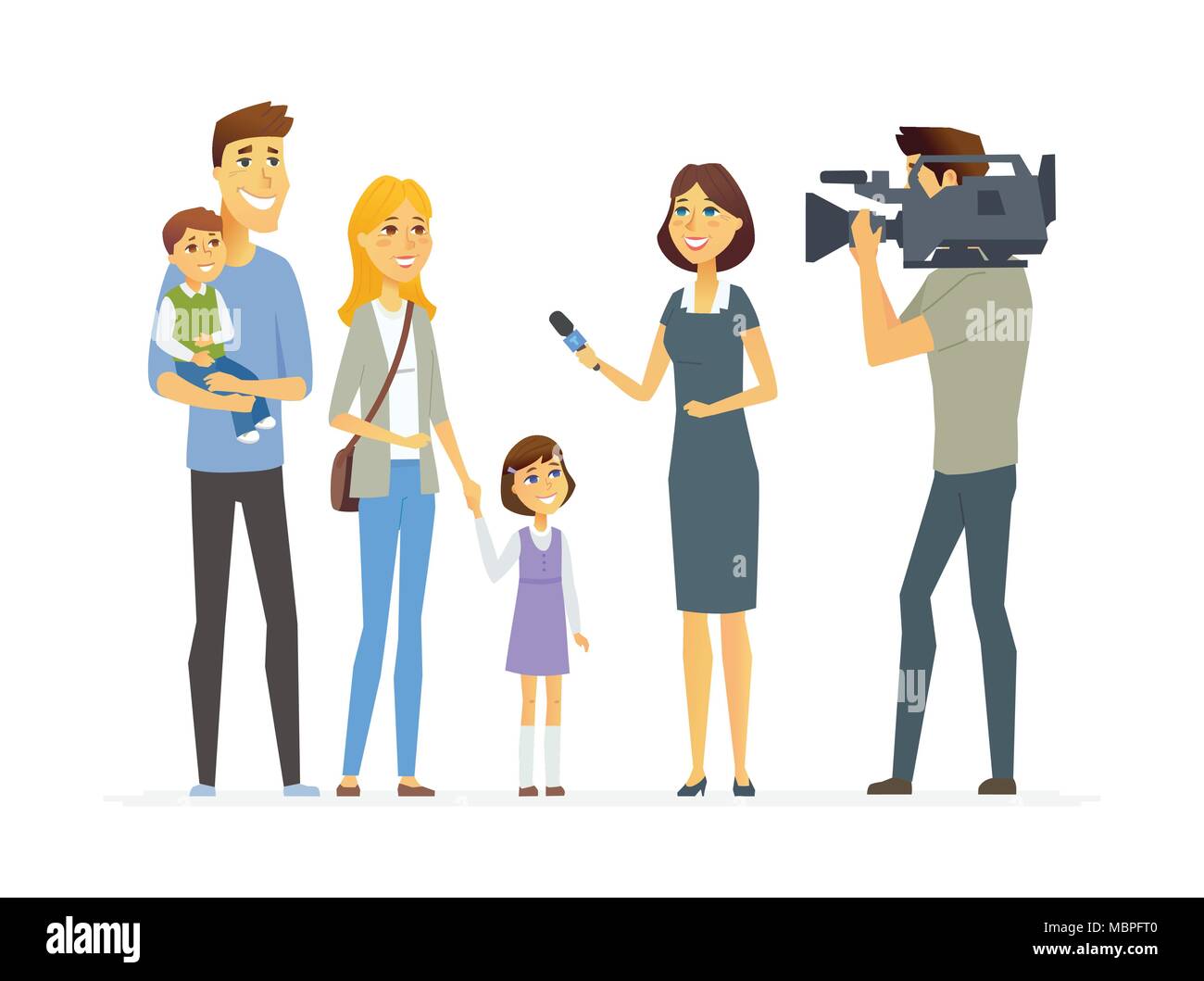 Die TV-Moderatorin interviewte junge Familie - cartoon Menschen Charakter isoliert Abbildung Stock Vektor