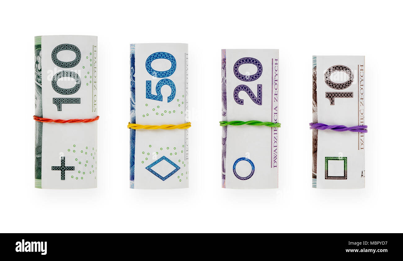 Mit einem Gummi polnische Zloty Banknoten auf weißem Hintergrund mit Freistellungspfad isoliert gerollt Stockfoto