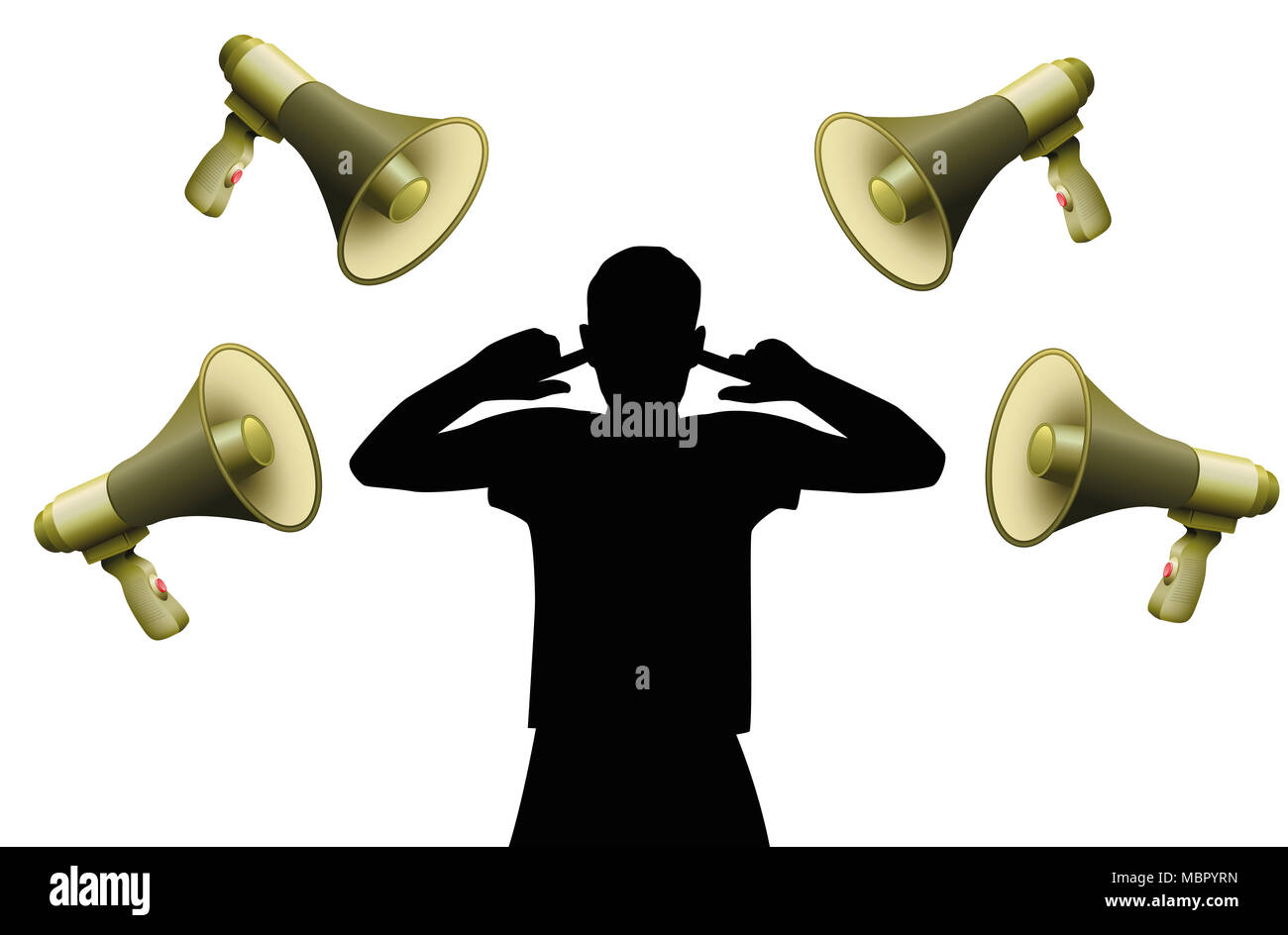 Lärmbelästigung. Symbolisch für Hörschäden, Tinnitus, Hörstörung, psychischen Stress oder Ungehorsam einer Person, die sich weigert, Befehlen zu gehorchen. Stockfoto