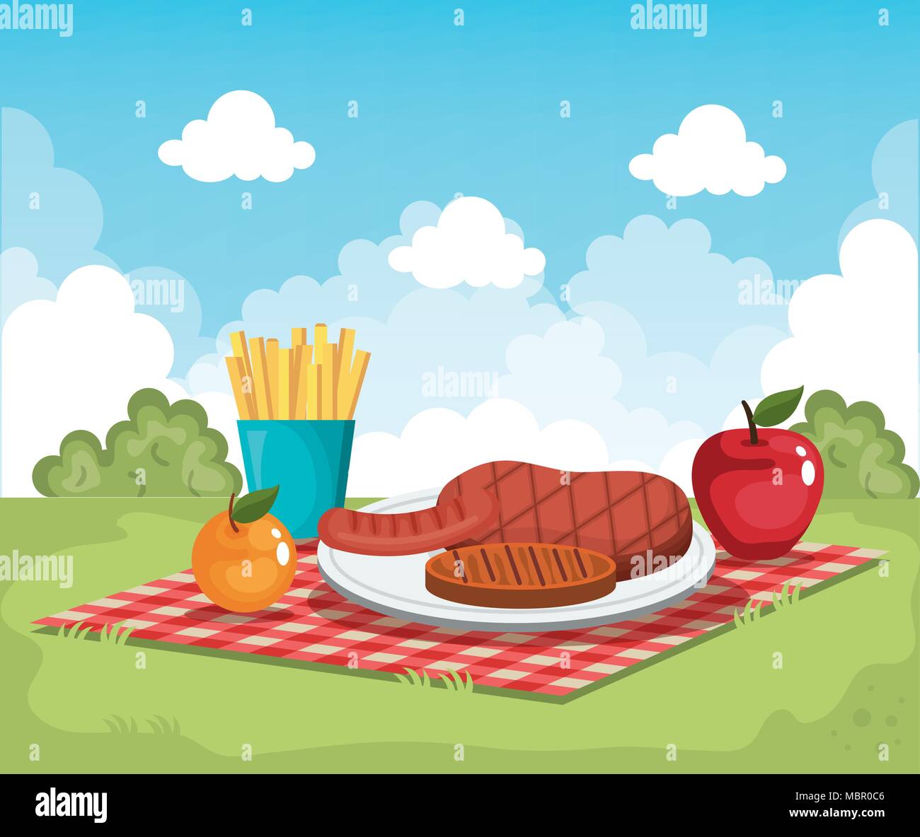 Tischdecken Picknick mit Essen Szene Stock Vektor