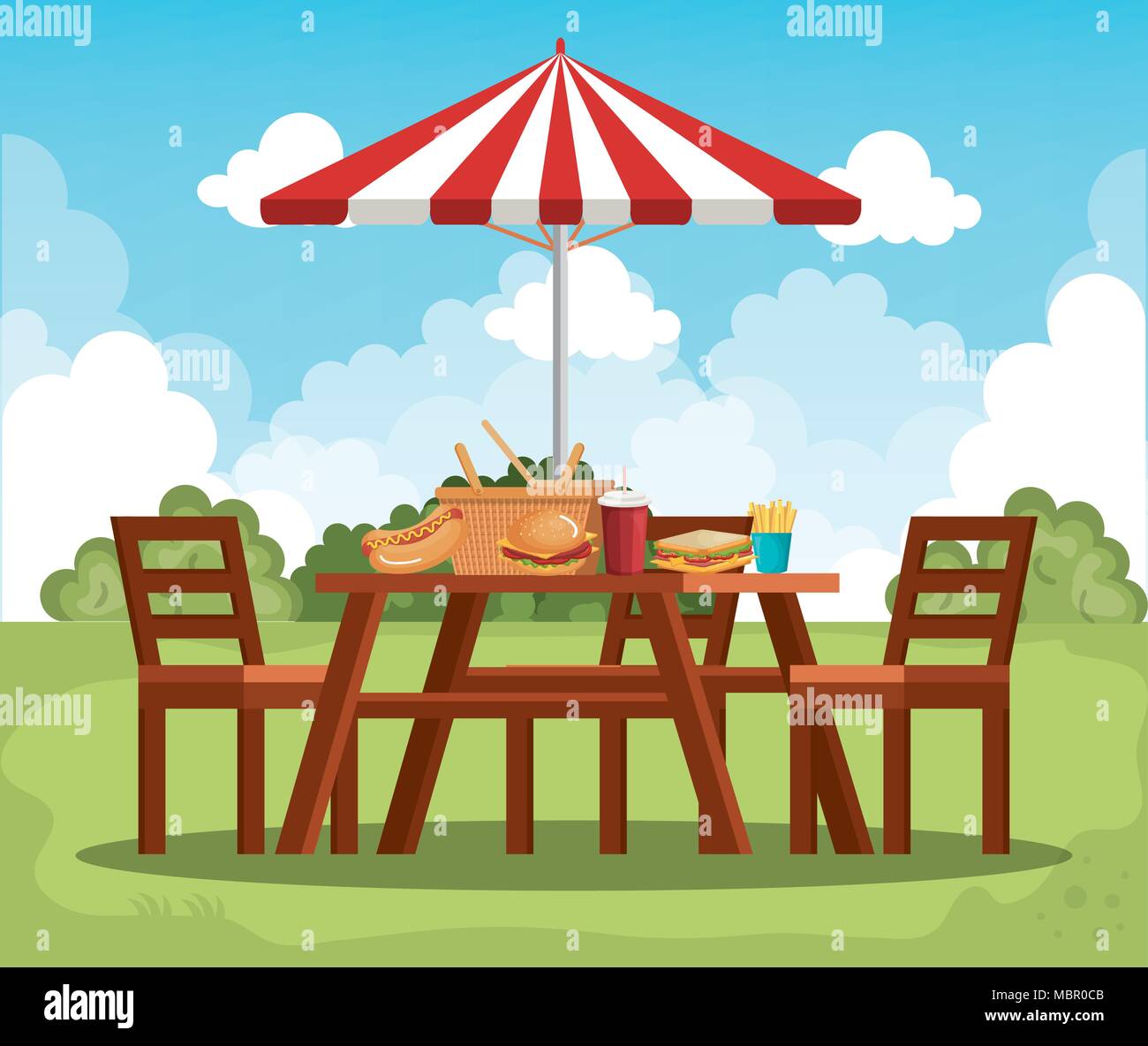 Picknicktisch mit Sonnenschirm Szene Stock Vektor