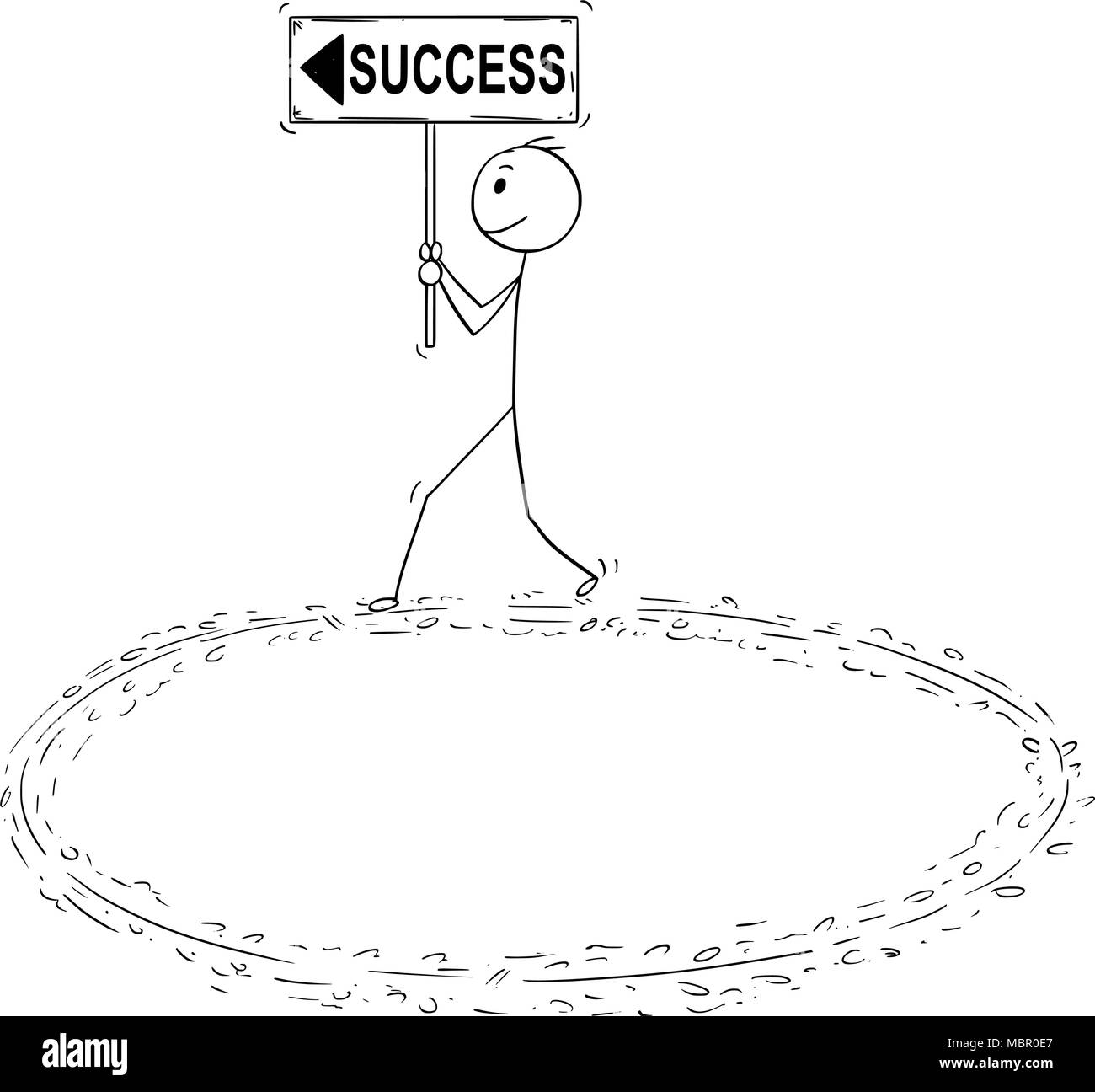 Cartoon von motivierten Unternehmer halten Erfolg ein Pfeil Zeichen und Wandern im Kreis Stock Vektor
