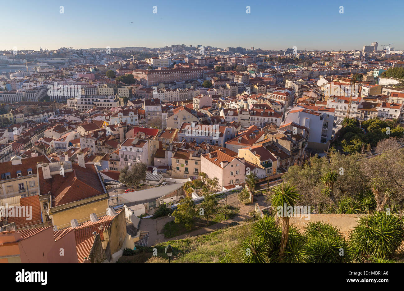 Lissabon Stadtbild Hintergrundbeleuchtung panorama Portugal. Stockfoto