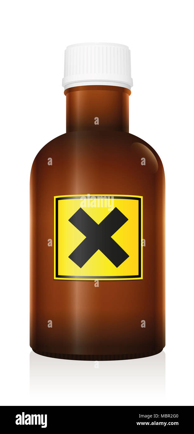 Schädliche Medizin. Flasche mit gefahrenwarnung Symbol aufgrund der reizenden Inhaltsstoffe - Abbildung auf weißen Hintergrund. Stockfoto