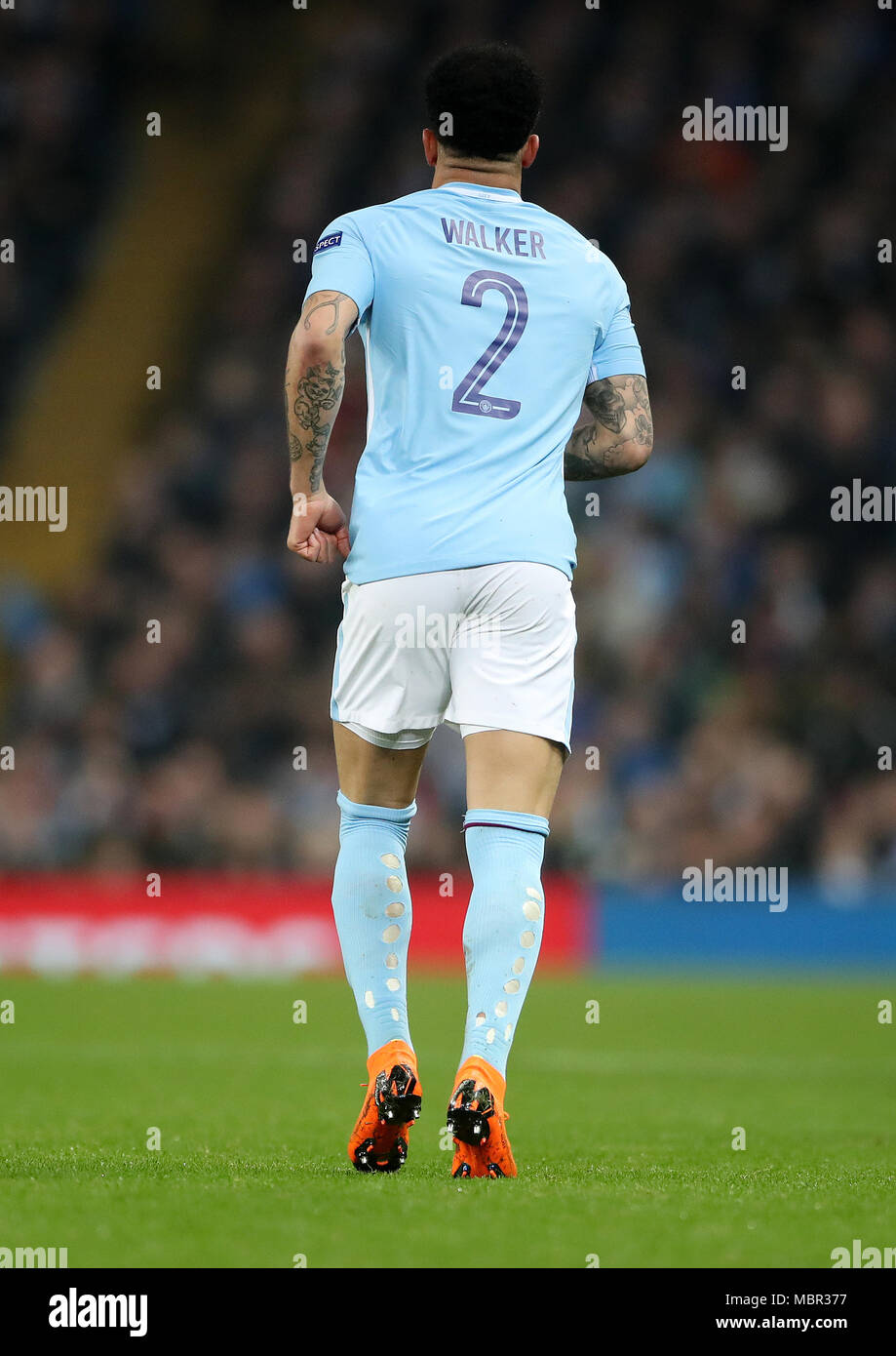 Ein Blick auf die Stadt Manchester Kyle Walker's Socken während der UEFA Champions League, Viertelfinale am Etihad Stadium, Manchester. PRESS ASSOCIATION Foto. Bild Datum: Dienstag, 10. April 2018. Siehe PA-Geschichte Fußball Mann Stadt. Photo Credit: Nick Potts/PA-Kabel Stockfoto