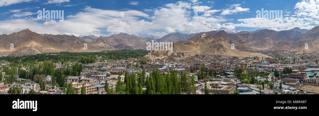 Wunderschönes Panorama von Leh Stadt und Grün Indus Tal mit dem Leh Palast in der Mitte, Jammu und Kaschmir, Indien. Stockfoto