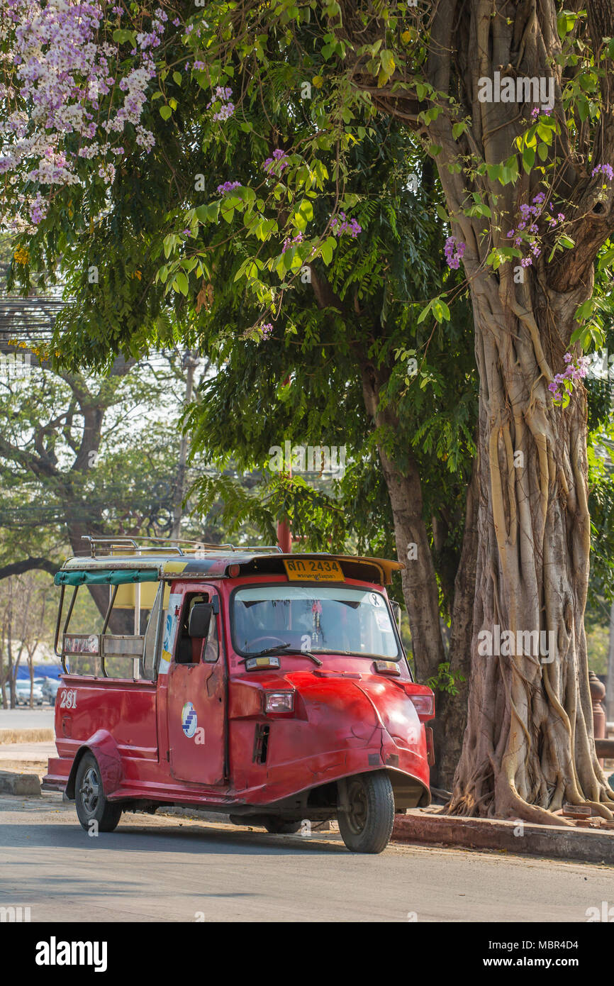 Ayutthaya, Thailand - 2. März 2017: Vintage Tuk Tuk Taxi in Ayutthaya Historical Park. Ein traditionelles drei Rad Taxi Auto in Ayutthaya, Thailand Stockfoto