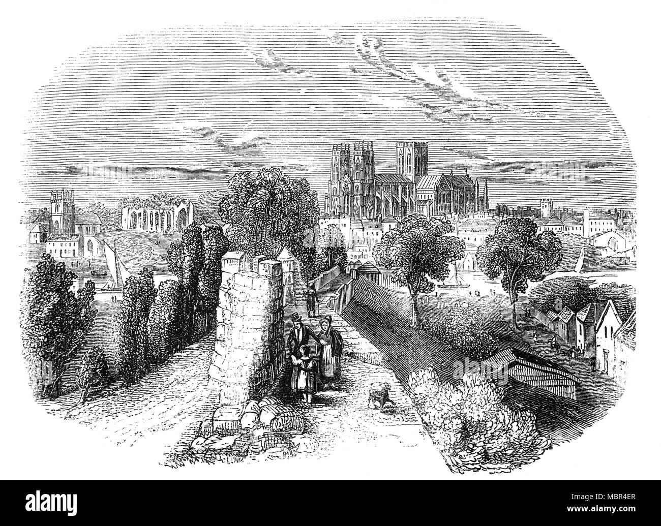 Die Kathedrale und der Metropolitan Kirche St. Peter in York, gemeinhin als das York Minster aus der alten Stadtmauer bekannt. Dieser englische Kathedrale in der frühen englischen, senkrecht Stil ist eines der größten seiner Art in Nordeuropa. In der Mitte des 12. Jahrhunderts, Walter de Grau war Erzbischof im Jahr 1215 gemacht und befahl den Bau einer gotischen Struktur nach Canterbury zu vergleichen; Gebäude begann 1220 und dauerte bis vollständig erklärt und im Jahre 1472 geweiht. Stockfoto