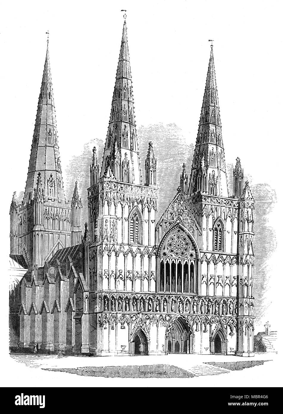 Lichfield hat das einzige mittelalterliche englische gotische Kathedrale mit drei Türme, Staffordshire, England. Zwischen 1195 - 1340 erbaute Kathedrale erlitt schwere Schäden während des Englischen Bürgerkriegs, in der alle von der Glasmalerei wurde zerstört, obwohl er Windows der Marienkapelle einige der schönsten mittelalterlichen Flämischen Glas in Existenz gemalt enthalten. Das Lichfield Evangelien, die auch als Buch der Tschad bekannt sind, sind die Evangelien von Matthäus und Markus, und die frühen Teil von Lukas, geschrieben vor allem in Latein mit etwas Text in frühe Walisische und dating von rund 730 Stockfoto Lichfield hat das einzige mittelalterliche englische gotische Kathedrale mit drei Türme, Staffordshire, England. Zwischen 1195 - 1340 erbaute Kathedrale erlitt schwere Schäden während des Englischen Bürgerkriegs, in der alle von der Glasmalerei wurde zerstört, obwohl er Windows der Marienkapelle einige der schönsten mittelalterlichen Flämischen Glas in Existenz gemalt enthalten. Das Lichfield Evangelien, die auch als Buch der Tschad bekannt sind, sind die Evangelien von Matthäus und Markus, und die frühen Teil von Lukas, geschrieben vor allem in Latein mit etwas Text in frühe Walisische und dating von rund 730 Stockfoto