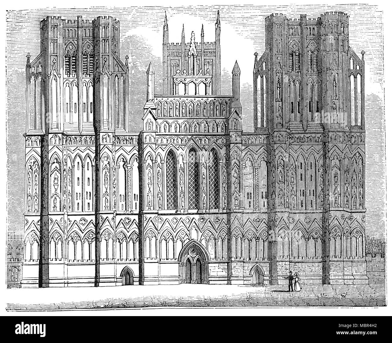 Die frühen englischen gotischen Westfassade der Kathedrale Kirche des Heiligen Andreas, die gemeinhin als Wells Cathedral, zwischen 1175 und 1490 erbaut, ist eine anglikanische Kathedrale von Wells, Somerset. Die frühen englischen West Front begann um 1230 von Thomas Norreys, mit Bau- und Skulptur weiter seit 30 Jahren. Die süd-west Tower wurde 100 Jahre später begonnen und zwischen 1365 und 1395 gebaut, und der nord-westlichen Turm zwischen 1425 und 1435, sowohl in der Senkrecht im gotischen Stil, das Design von William Wynford. Stockfoto