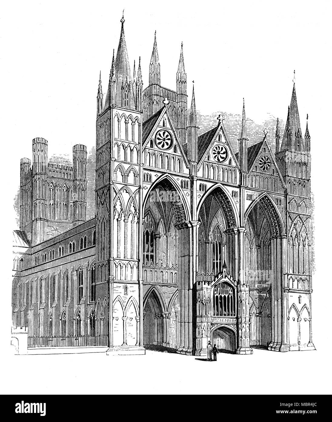 Die Kathedrale von Peterborough, Cambridgeshire, England, auch bekannt als Saint Peter's Cathedral, St. Peter, St. Paul und St. Andreas, deren Statuen aus den drei hohen Giebeln der berühmten West Front gewidmet. Obwohl es in der angelsächsischen Zeit gegründet wurde, seine Architektur ist vor allem Norman, nach einem Umbau im 12. Jahrhundert. Die Kathedrale ist für seine imposante frühen englischen Gotischen West Front (Fassade), der mit seinen drei großen Bögen, ohne architektonische Präzedenzfall und ohne direktes Nachfolgemodell ist bekannt. Stockfoto