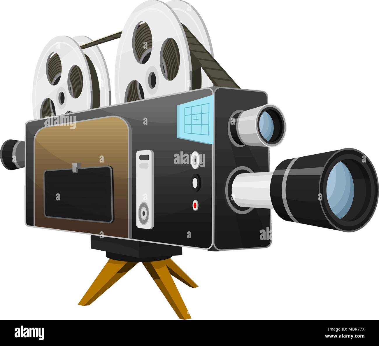 Jahrgang Film Kamera, Unterhaltung und Erholung. Retro Kino. Filmemachen und Videokassette für Studio in Hollywood. Film Technologie für Schauspieler und Regisseure. Stock Vektor