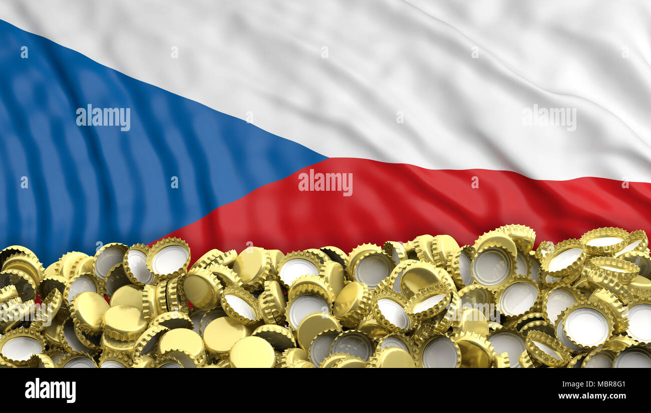 Tschechische Republik Biere. Golden Bier caps Stapel auf Tschechische Republik Flagge Hintergrund. 3D-Darstellung Stockfoto