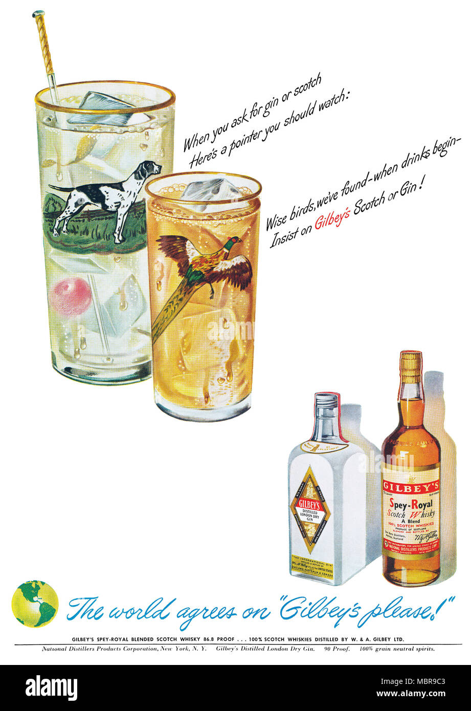 1949 US-Werbung für gilbey's London Dry Gin destilliert und gilbey's Spey-Royal Scotch Whisky. Stockfoto
