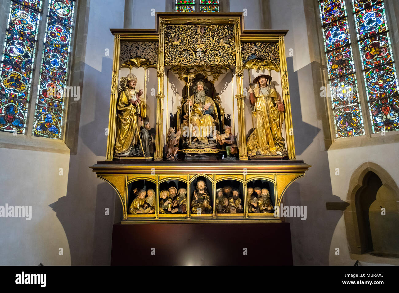 Isenheimer Altar, geschnitzte Altar Schrein, Niklaus von Hagenau, Museum Unterlinden, das Musée Unterlinden, Colmar, Elsass, Frankreich Stockfoto