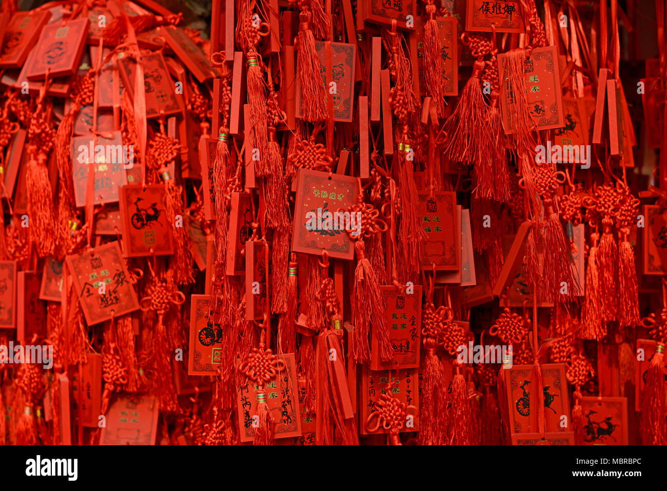 Viele rote, die Karten hängen von einem Baum in Dongyue Tempel, Ostmittel- Peking, China Stockfoto