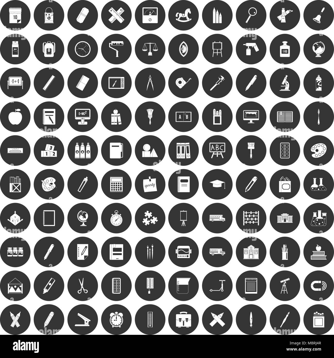 100 Schreibwaren Icons Set schwarz Kreis Stock Vektor
