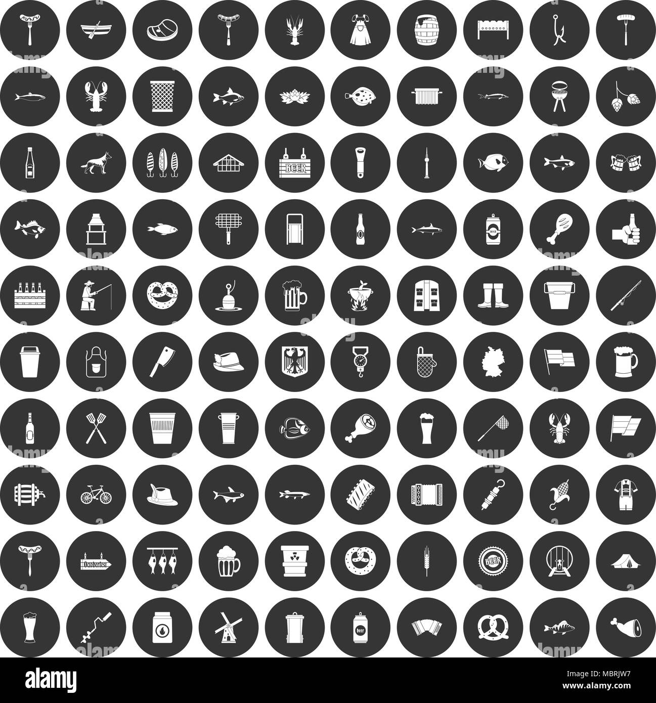 100 Bier Icons Set schwarz Kreis Stock Vektor