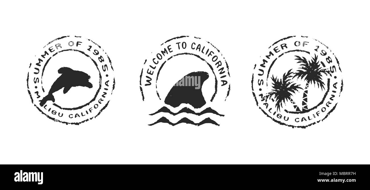 Surfer Kalifornien Briefmarken aus Sommersaison im Grunge retro Style. Strand Ferienhäuser Label mit Dolphin, Shark und Palmen. EPS 10 Vektor. Stock Vektor
