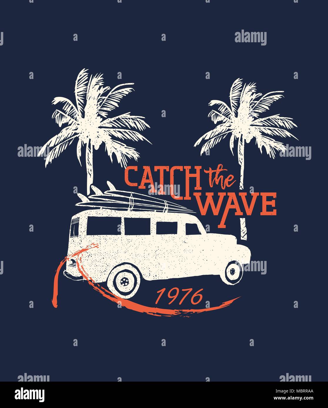 Die Welle Typografie Zitat mit tropischen surf Ferienhäuser Abbildung fangen. Umfasst Sommer Palmen, Strand van und Surfboards. Ideal für textile Prin Stock Vektor