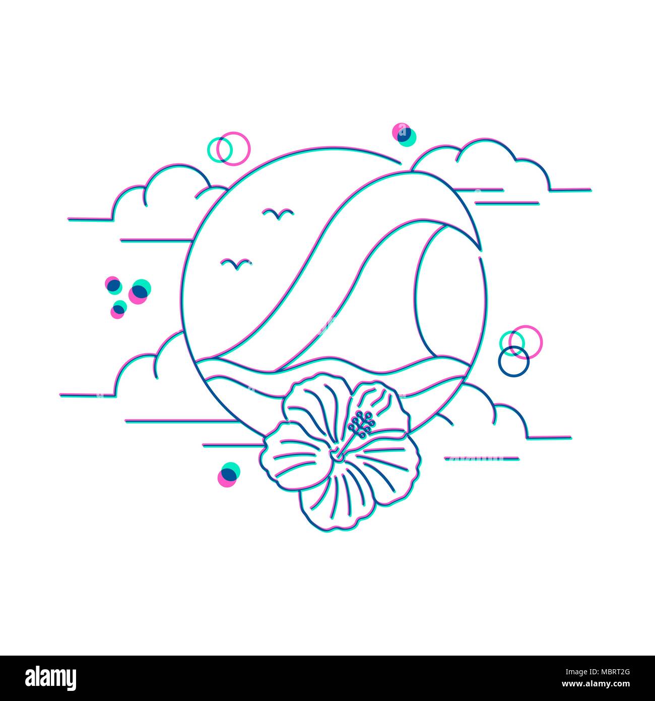 Tropischer Sommer Urlaub Design mit Hibiskus Blume und die Wellen des Ozeans. Retro Strand Konzept Symbol Abbildung. EPS 10 Vektor. Stock Vektor
